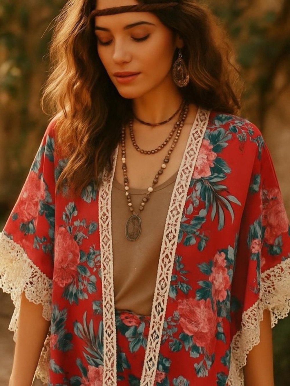 Altar'd State Red Floral Lace Trim Kimono Coverup Sz S/M